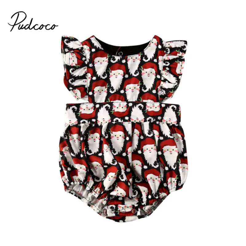 

Pudcoco Christmas Romper Infant Baby Girl Clothes Sleeveless Ruffles Santa Claus Print Jumpsuit Babygrow Vest Outfit