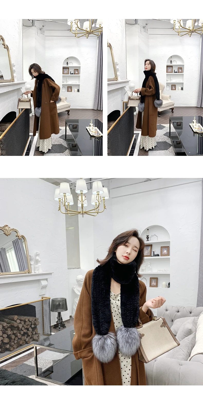 Winter Warm Rex Rabbit Fur Woven Big Hair Ball Scarf Encryption Thickening Fur Scarf Bib
