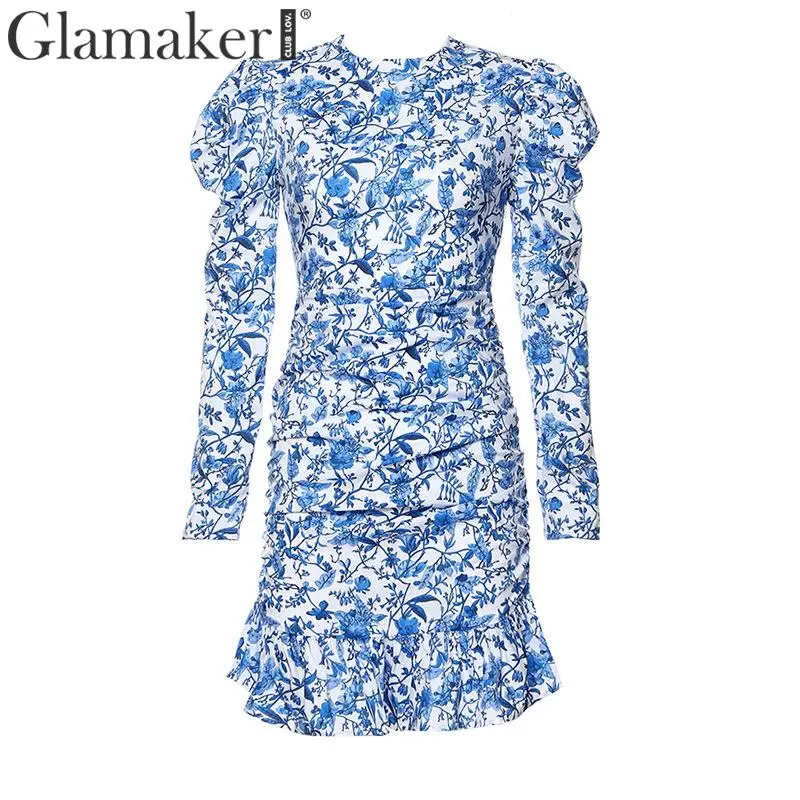 Glamaker, синее фарфоровое платье с цветочным принтом, женское, зимнее, элегантное, с длинным рукавом, мини платье, вечерние, для клуба, с рюшами, женское, осеннее платье