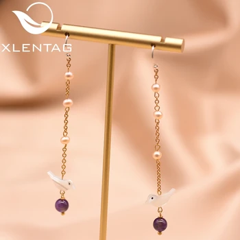 

XlentAg Natural Pearls Bird Dangle Long Enthic Earrings For Women Daughter Girls Cute Bird Birthday Minimalism Jewelry GE0046