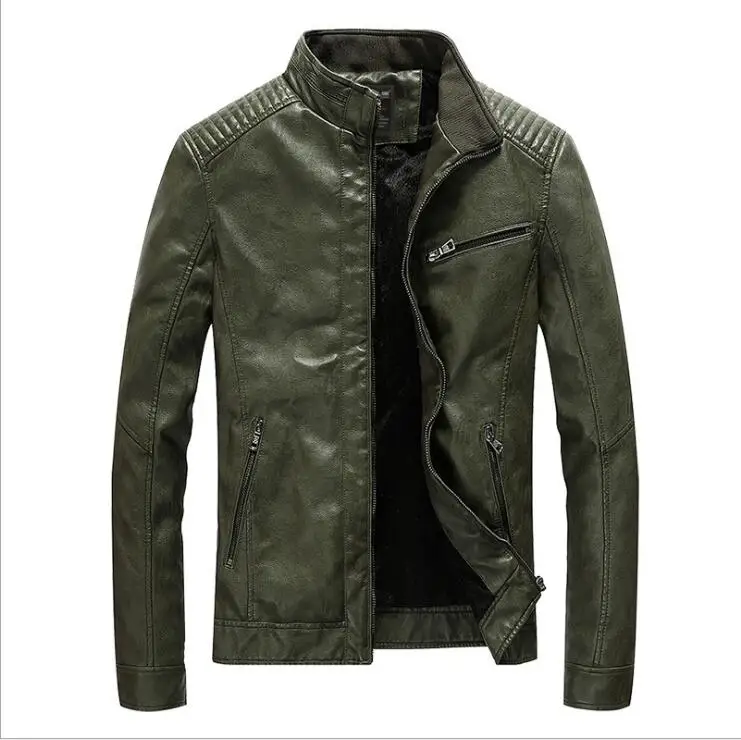 army Plus velvet Мужская куртка из искусственной кожи, мужские кожаные куртки со стоячим воротником, мотоциклетная Повседневная приталенная куртка из искусственной кожи, бархатная вымытая верхняя одежда, Прямая поставка - Цвет: army Plus velvet