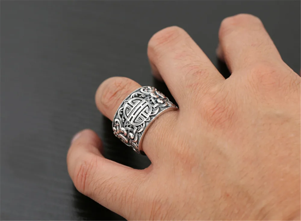 GAGAFEEL, этнический стиль, Открытое кольцо для мужчин, Большие широкие кольца, 3D, прозрачная гравировка, регулируемое кольцо, 925, серебро, винтажные мужские ювелирные изделия