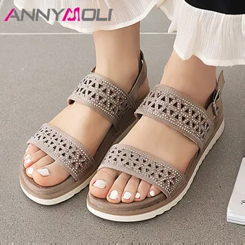 

ANNYMOLI Woman Sandals Flat Platform Shoes Crystal Buckle Strap Sandals Casual Cutouts Female Footwear Summer Brown Size 35-41