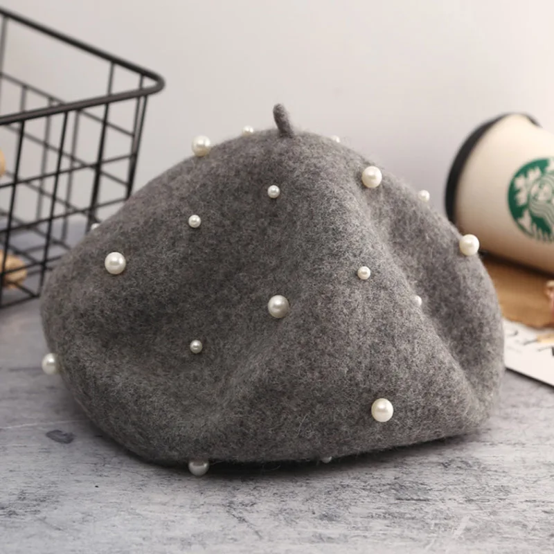 MAERSHEI Pearl Beret Children's Winter Warm Fashion Hat Women's Wool Beret Parent-child Hat Wholesale - Цвет: gray