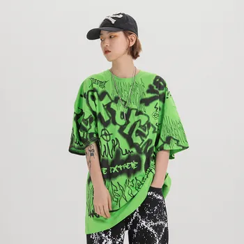 

Male High Street Hip Hop Loose Tee Shirt Men Short Sleeve Letter Skull Graffiti Loose T-shirt