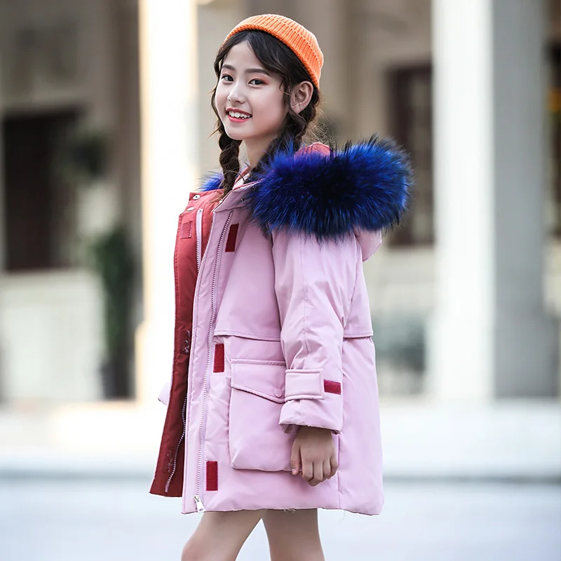 30 градусов, зимняя парка для девочек, пальто детская теплая верхняя одежда с меховым воротником и капюшоном Детские пуховые пальто для девочек от 6 до 14 лет - Цвет: Розовый