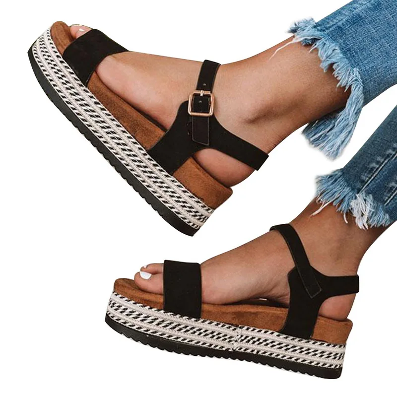 

Women Sandals 2020 New Summer Fashion Mid Heel Wedges Shoes Woman Slides Peep Toe Buckle Solid Lady Casual Shoes Size 35-43