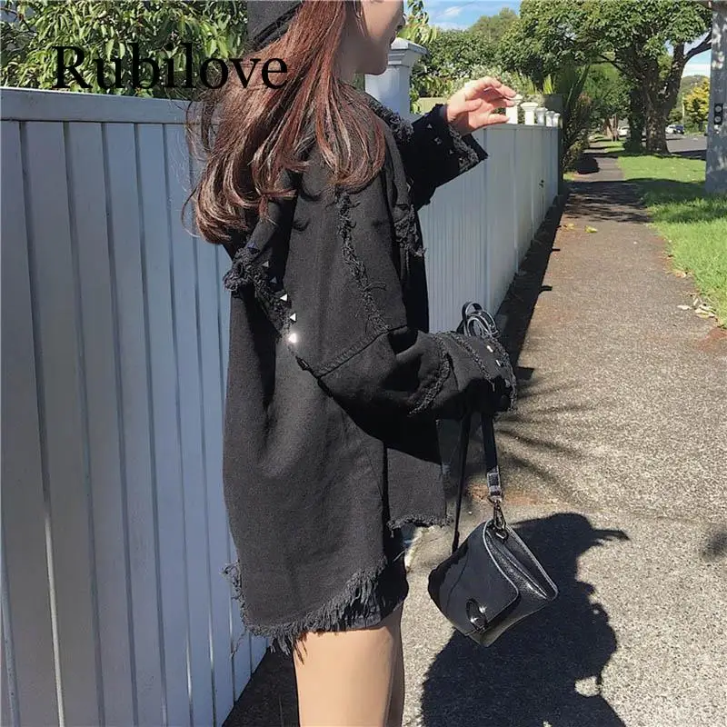 Best  Spring Studded Frayed Women's Denim Jacket Long Sleeve Women's Jackets Large Size Outerwear Irregul