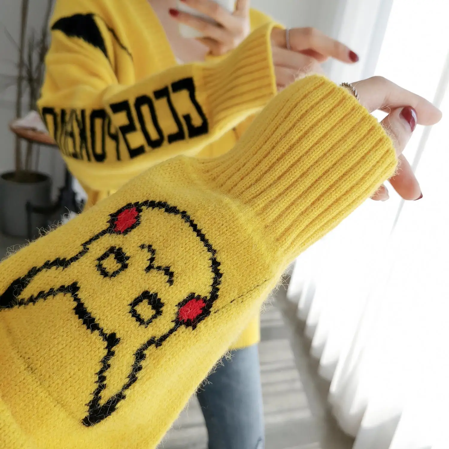 Свитер с рисунком Пикачу, женский кардиган, Осень-зима, Kawaii, однобортный, v-образный вырез, вязаный кардиган, топы, женские джемперы, trui dames