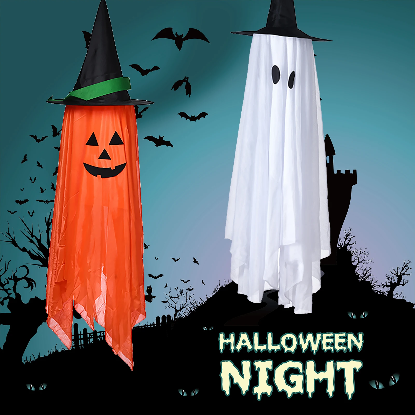 1.1m Halloween Hanging Wizard Hat Pumpkin Ghost Halloween Horror Props ...