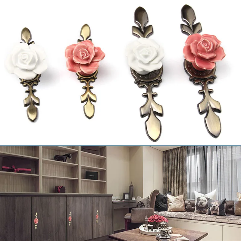 Rural Ceramic Rose Alloy Base Cabinet Pulls Vintage Single Hole Cupboard Closet Drawer Door Knobs for Furniture Hardware 10Pcs