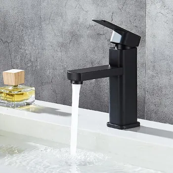 

Bathroom Basin Faucet stainless steel fashion black copper bottom square single hole baking paint cold Hot Sink Taps
