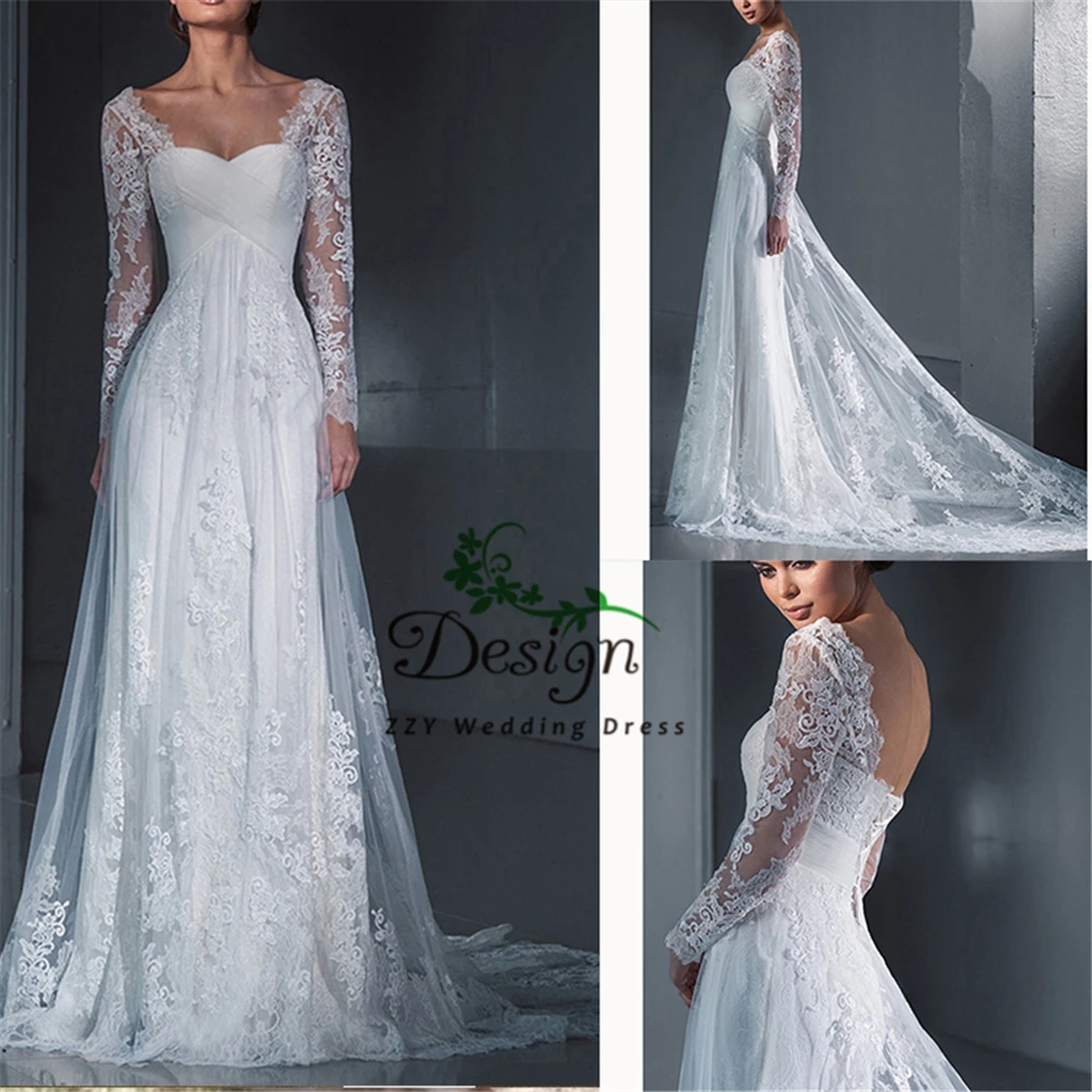 

2019 Hot Sales Deep V-Neck White Embroidery Lace On Net Wedding frocks Vintage Sheath Long Sleeves Beading Pleat Wedding Dress