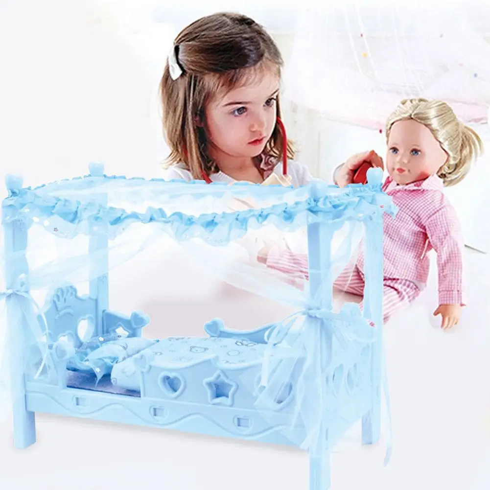 cheap 24*30cm Baby Toys Plastic Double Bed Frame For Doll Bedroom Furniture Accessories Purple Pink Or Pink Yellow Color Random