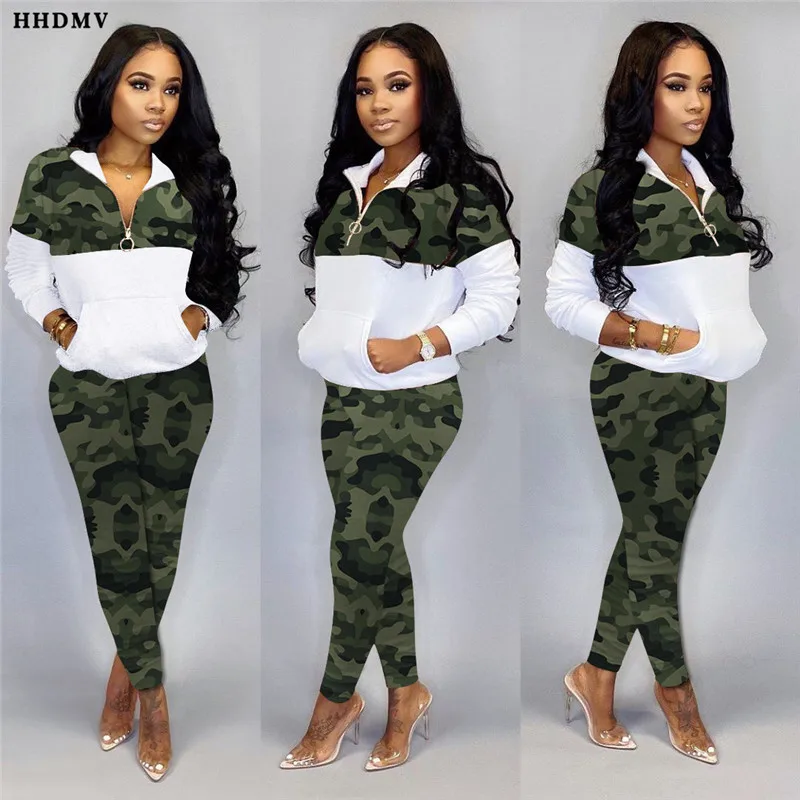 Комплект спортивной одежды HHDMV для женщин повседневный Камуфляжный костюм бега с