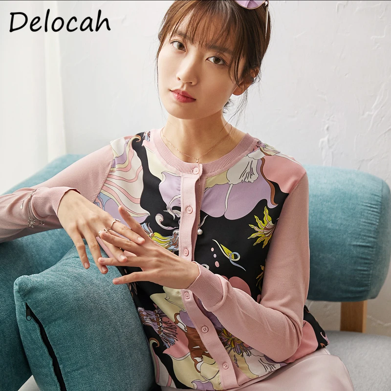 

Delocah Spring Summer Women Shirt Runway Fashion Designer Long Sleeve Simple Button Vintage Printed Female Knitting Blouses