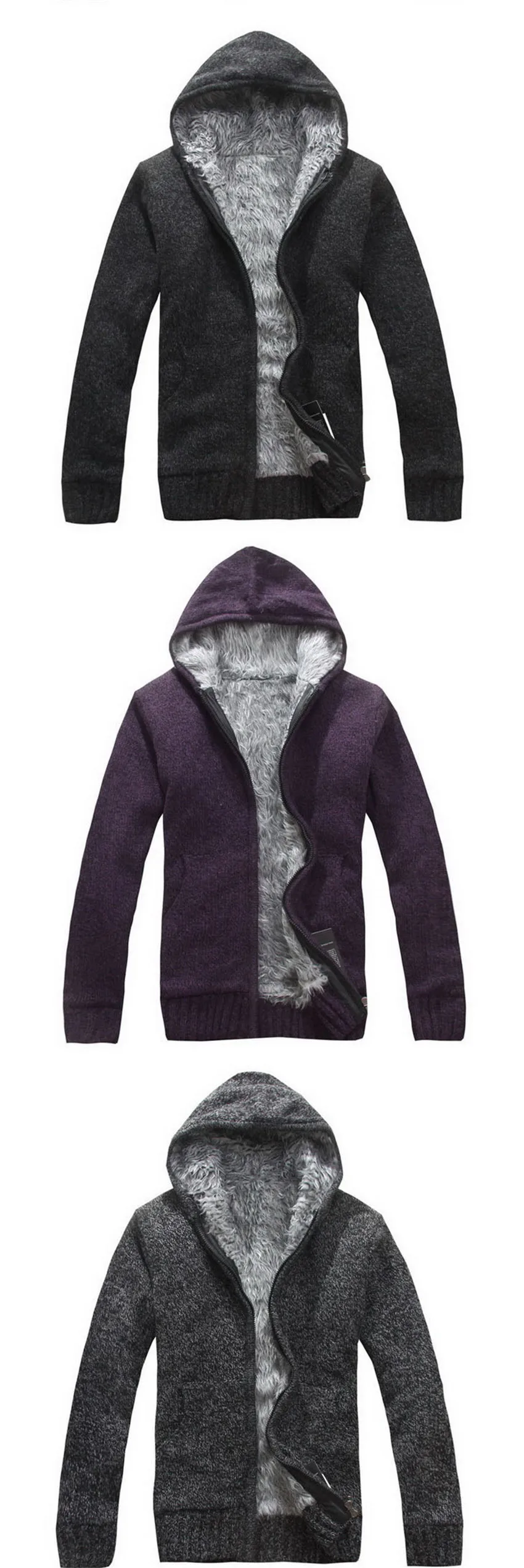 Autumn Winter Mens Thick Warm Sweatercoat Collar Zipper Hooded Sweater Coat Outerwear Winter Fleece Cashmere Sweaters pull Homme