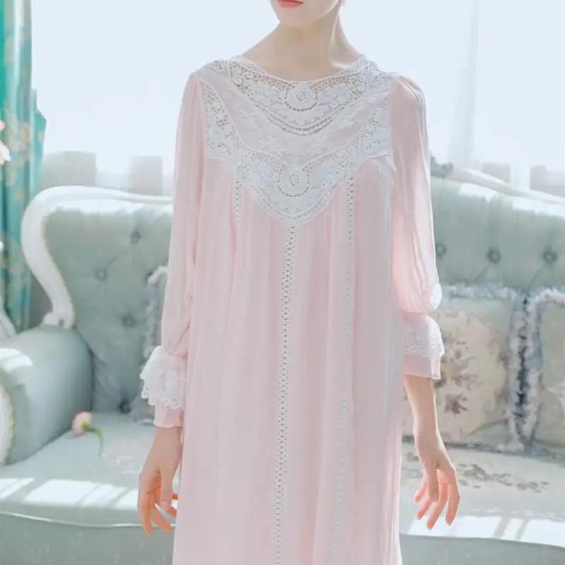 

Princess Cotton Sleeping Women Sleepwear Long Sleeve Lace French Court Skirt Female V-Neck Retro Long Nightgown Romantic