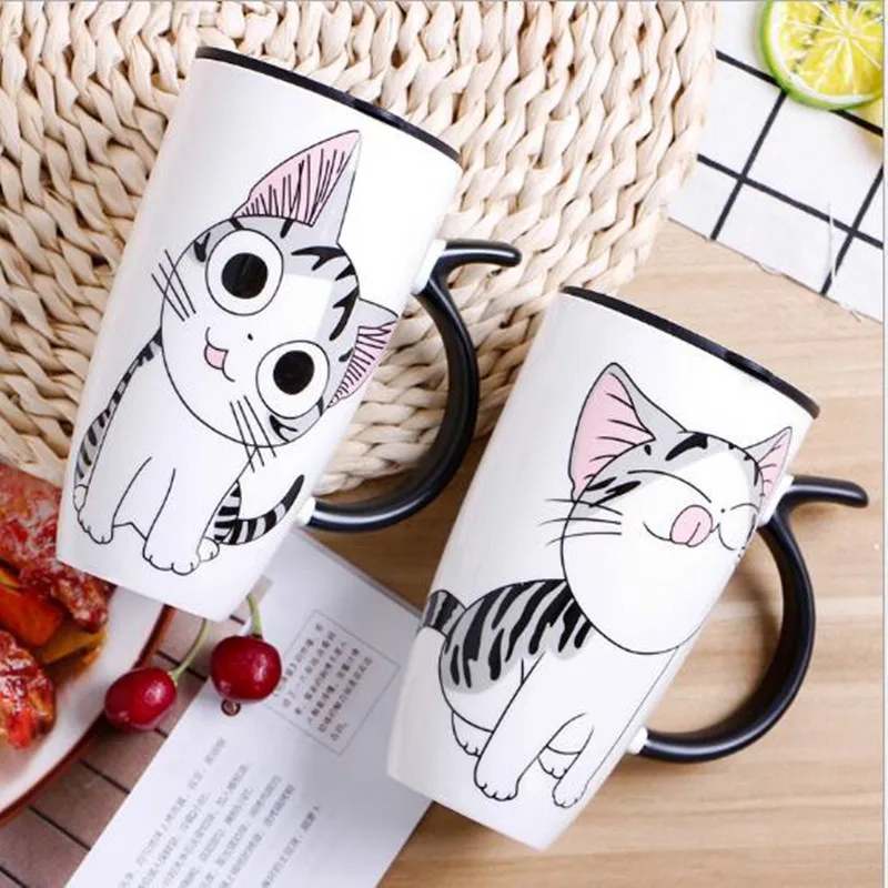 Кружка для кофе с крышкой большая емкость 600 мл милый кот керамика кружки