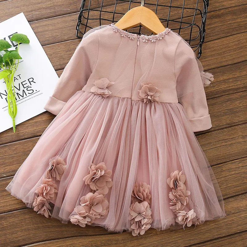 Высококачественное платье с длинными рукавами для малышей Сетчатое платье с цветочным узором для девочек 1 год, платье-пачка для дня рождения Одежда для младенцев Детские платья для рождественской вечеринки
