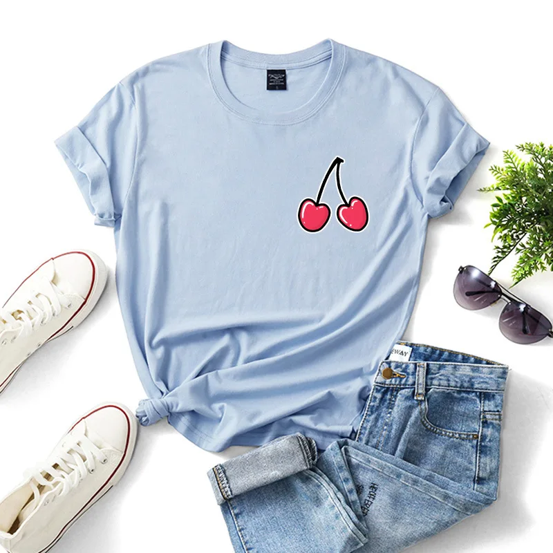 С принтом в виде вишен футболка для женщин 2020 летние хлопковые футболки с