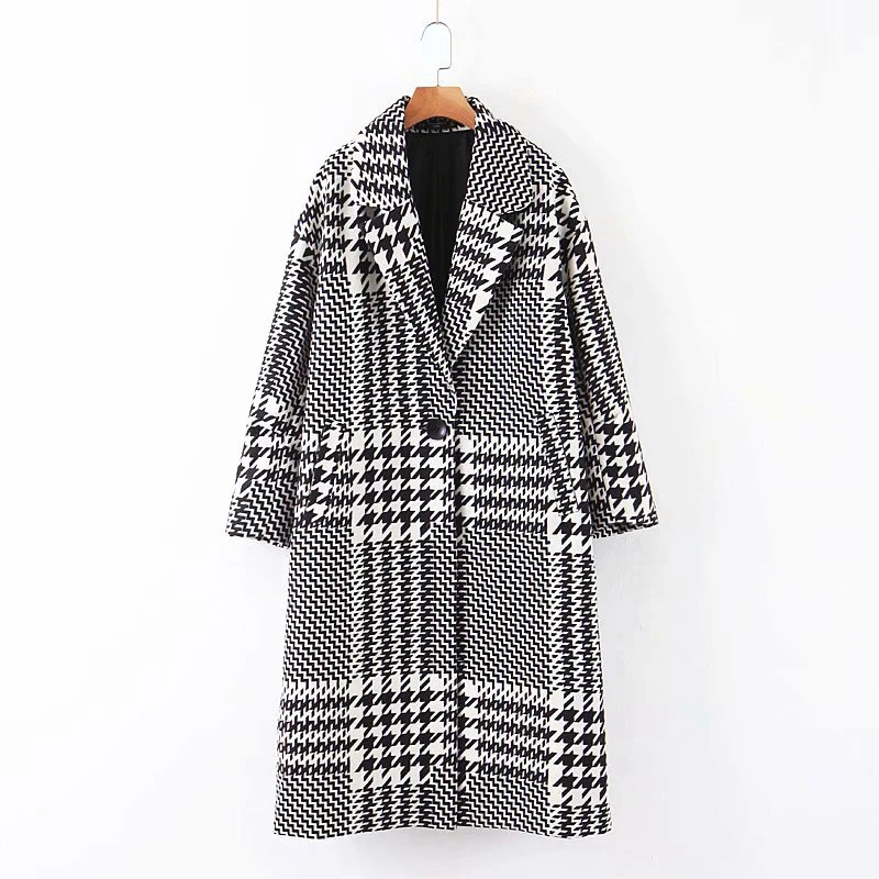 Шерстяное пальто, женская куртка, винтажная Шерстяная Смесь, гусиная лапка, пальто, Зимняя мода, офисные женские свободные пальто, длинное шерстяное пальто на одной пуговице
