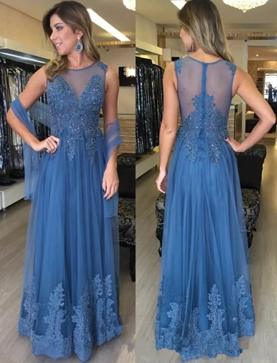 Элегантный бисер синий Линия vestido de madrinha блёстки Кружева Аппликации длиной до пола Мать невесты платья для женщин официальная одежда