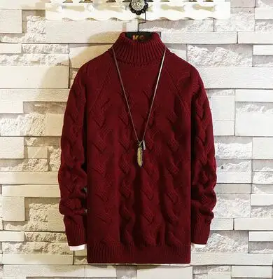 Wine Red KUANGNAN, однотонный полосатый мужской свитер с высоким воротом, зимний мужской свитер с высоким воротом, мужское зимнее пальто, мужской свитер с высоким воротом, пуловер XXL, осень - Цвет: Wine Red