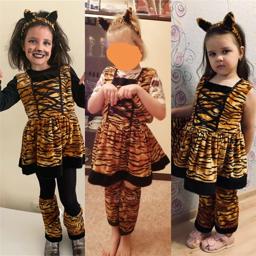 Girls Cute Cartoon Animal Cosplay Costumes Fancy Halloween Carnival KIds Tiger Leopard Purim Party Print Dresses With Headband Girls Cute Cartoon Animal Cosplay Costumes Fancy Halloween Carnival KIds Tiger Leopard Purim Party Print Dresses With Headband