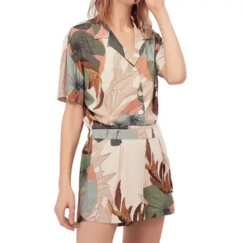 

Women Summer Palm Leaves Print Pajamas Set Short Sleeve Lapel Buttons Tops Pants M6CD