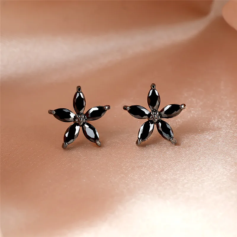 Cute Star Black Stone Flower Stud Earrings For Women Wedding Jewelry Vintage Gold/Black/Rose Gold/Silver Color Pentagram Earring
