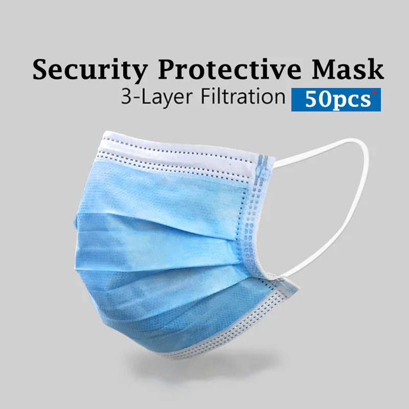 

50pcs Safety Anti-Bacterial Masks Disposable Breathable Elastic 3-Layer Non-Woven Protective With Dust Filter CE Free Delivery