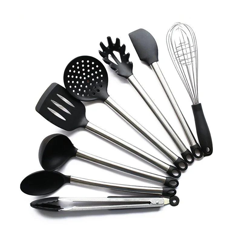 

8 Piece Kitchen Utensil Set Stainless Steel and Black Silicone Modern Nonstick Utensils Cooking Tools