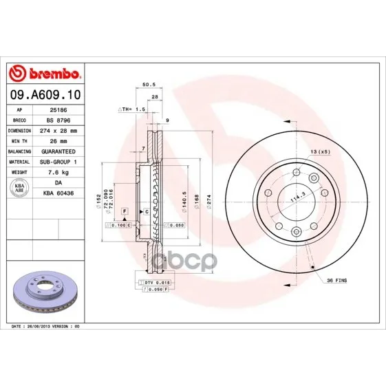 Диск Тормозной Передн Kia: Carnival Ii 01- Brembo арт. 09.A609.10
