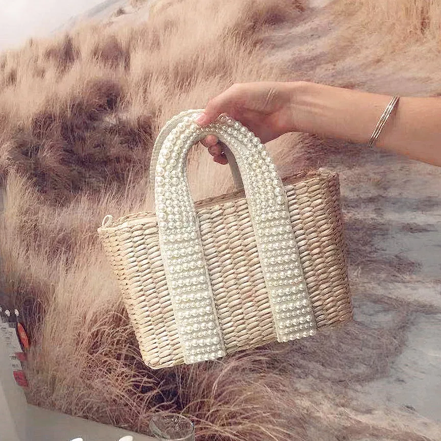 Summer Pearl Hand-woven Straw Bag Bohemian Travel Turf Grass Woven Bag Portable Diagonal Dual-use Bag Bow Decoration Female Bag