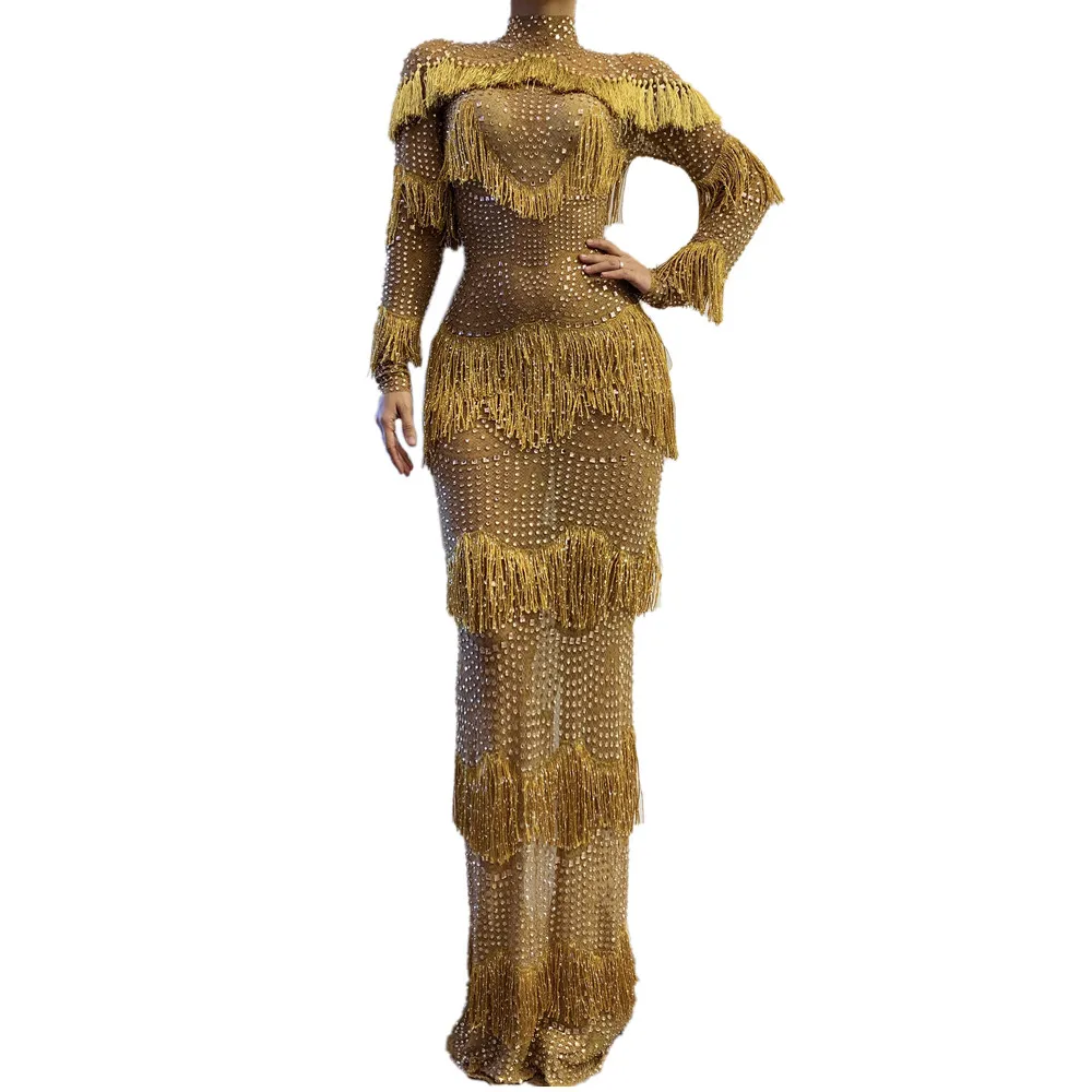 

Sexy Gold Rhinestone Tassel Bodycon Dress Mesh Perspective Evening Party Long Dress Women Birthday Celebration Dress Stage Wear