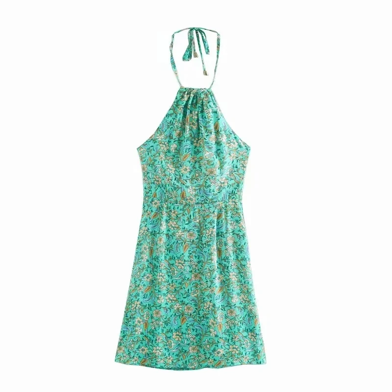 TEELYNN Halter pink Floral print Summer Dresses boho beach Sexy sleeveless backless Mini Dress Women cover up Casual Vestidos