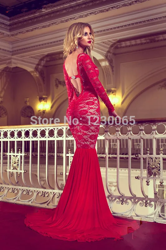 

Hot&sexy backless crystal scoop neck mermaid red lace long prom dresses with long sleeves 2016 free shipping evening dress