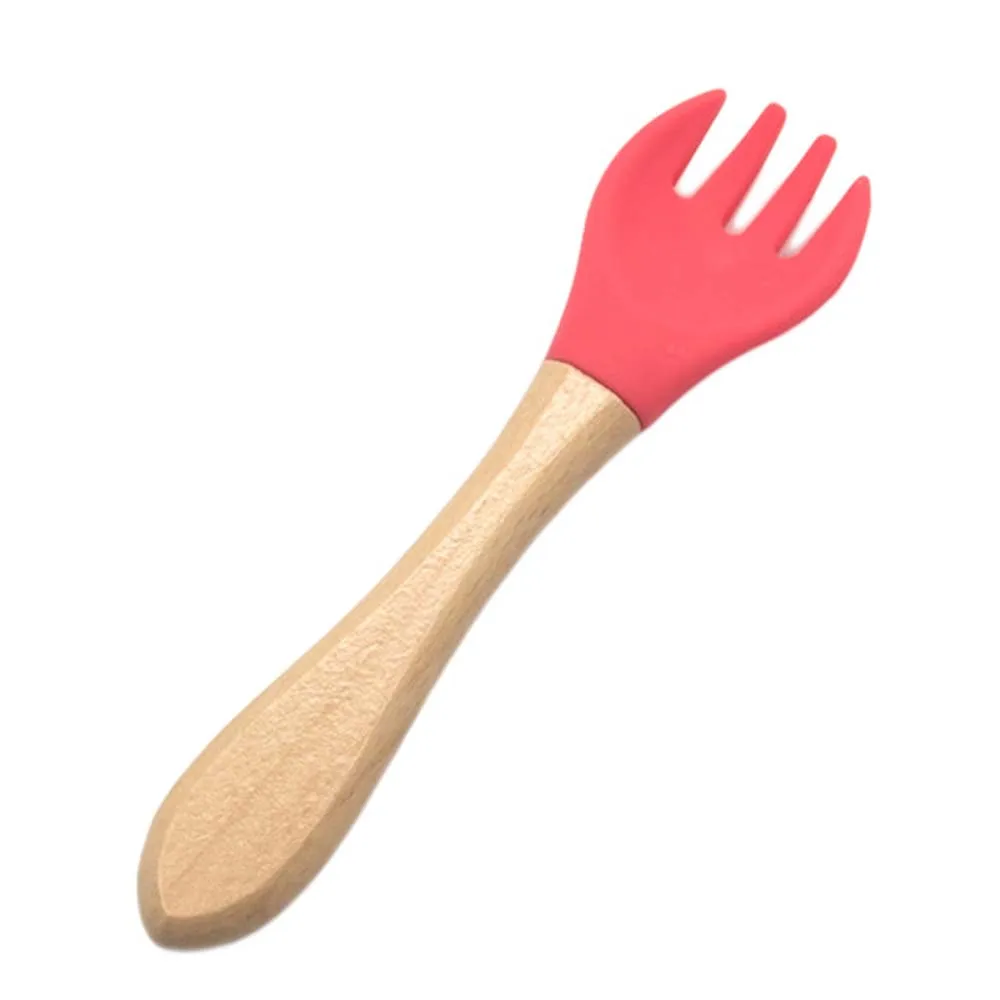 Red-Fork 1 шт., детская ложка, вилка, безопасная посуда для кормления, столовые приборы, деревянная силиконовая посуда, Детские аксессуары для кормления младенцев, посуда - Цвет: Red-Fork