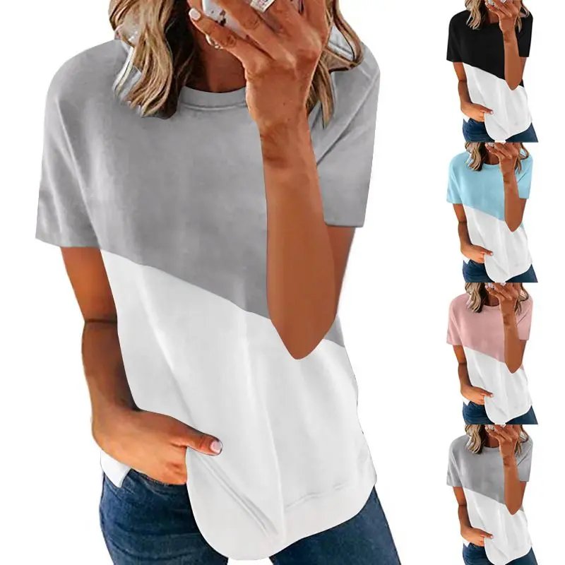 Summer Fashion Color Matching T-Shirt Loose Short Sleeve Top Casual Round Neck Pullover Tees Bottoming Shirt Large Women's Wear | Женская