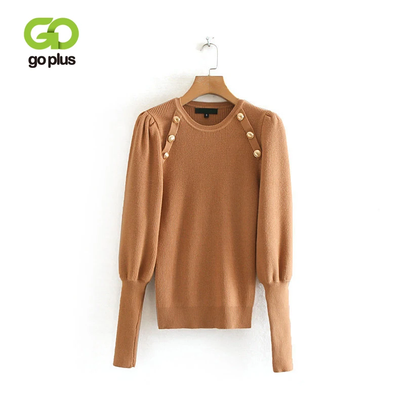 

GOPLUS Women's Sweater Jersey Mujer Pullover Round Neck Buttons Puff Sleeve Long Sleeve Sweaters Womens Pull Femme C8295