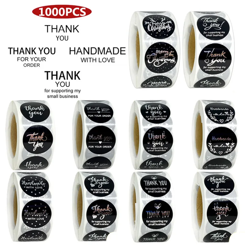 

Multi Pretty Black Silver Foil Thank You Stickers 1000pcs 1" for Small Business Order Taste Handmade Wedding Baking Decor Labels