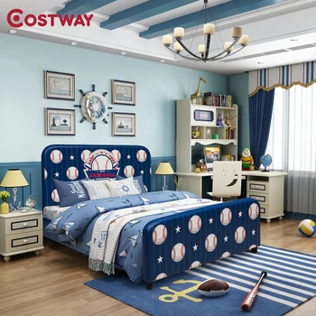 

COSTWAY Kids Children Upholstered Platform Ball Pattern Bed Ultra-soft Velvet Material Small Bed Non-slip Design Children Bed