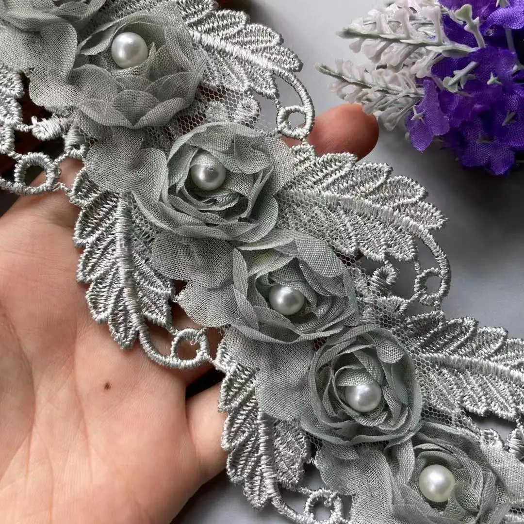 

1 Yard Lace Trim Gray Pearl Rose Flower Soluble 75mm Embroidered Ribbon Fabric Handmade DIY Wedding Dress Sewing Supplies Craft