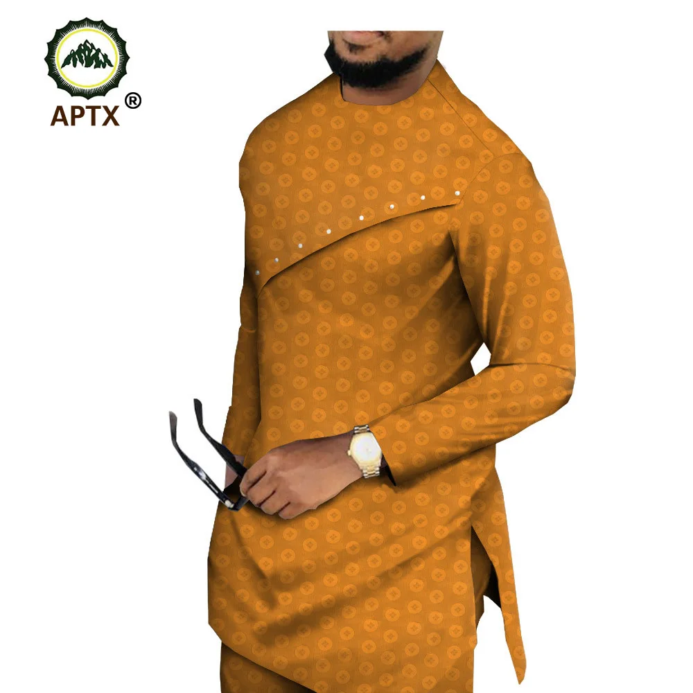 Reviews APTX Muslim cotton suit for men jacquard fabric full sleeves side slit top+ slim pants men's casual suit T1916004
