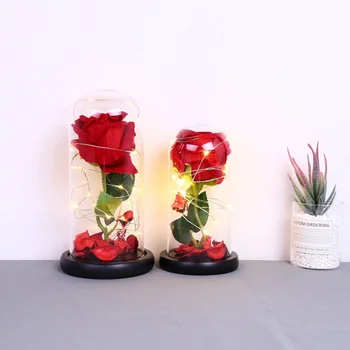 

Wooden base gift suitable Red rose LED light with round glass for home decoration holiday party wedding valentine