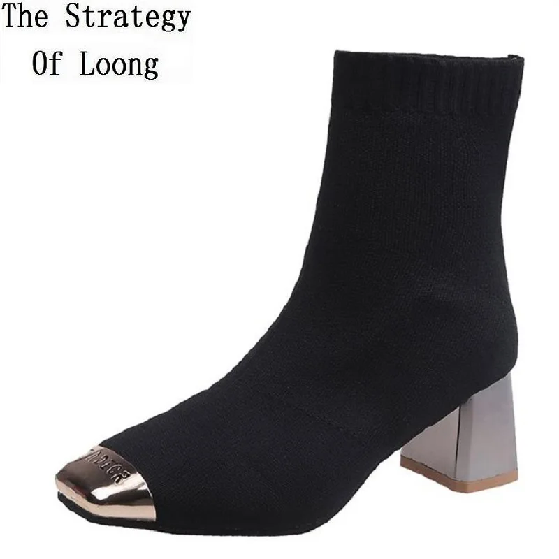 Korean Style Slim Fashion Women Metal Square Toe Ankle Stretch Boots Lady Woven Elastic Socks Short Knitting 20200304 | Обувь