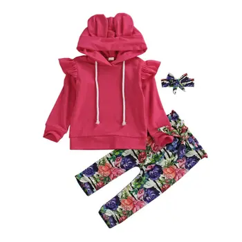 

Infant Baby Girl Clothes Sets 0-24M Floral Print Hooded Pullover Tops Pants Headband Outfits Set Clothes