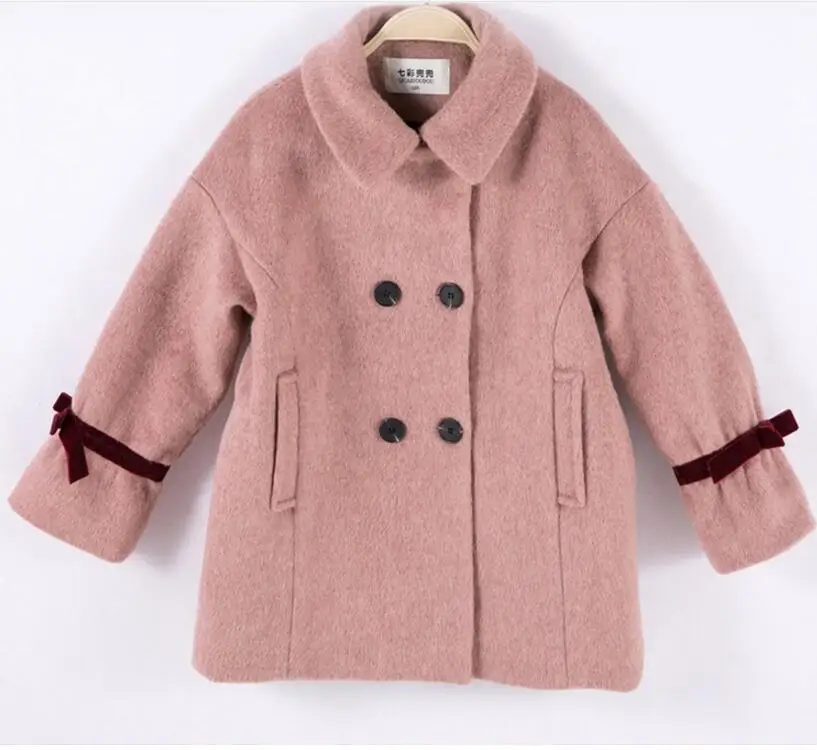 Детские шерстяные пальто; коллекция года; сезон осень-зима; детское ветрозащитное пальто; Модный повседневный теплый шерстяной плащ для девочек; Верхняя одежда для детей - Цвет: Розовый