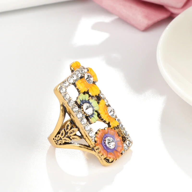 Kinel горячее цветное кольцо с эмалированным цветком античное Золотое мозаичное белое Хрустальное винтажное обручальное кольцо для женщин Мода